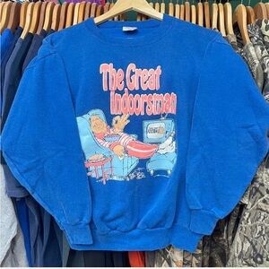 Vintage 80s Blue Graphic Men's Sweatshirt The Great Indoorsmen Winter Weather M